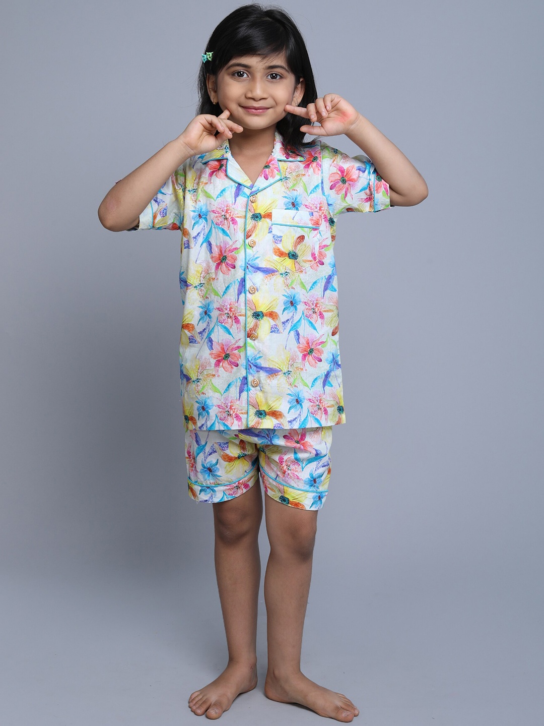 

BAESD Girls Floral Printed Pure Cotton Night suit, Blue