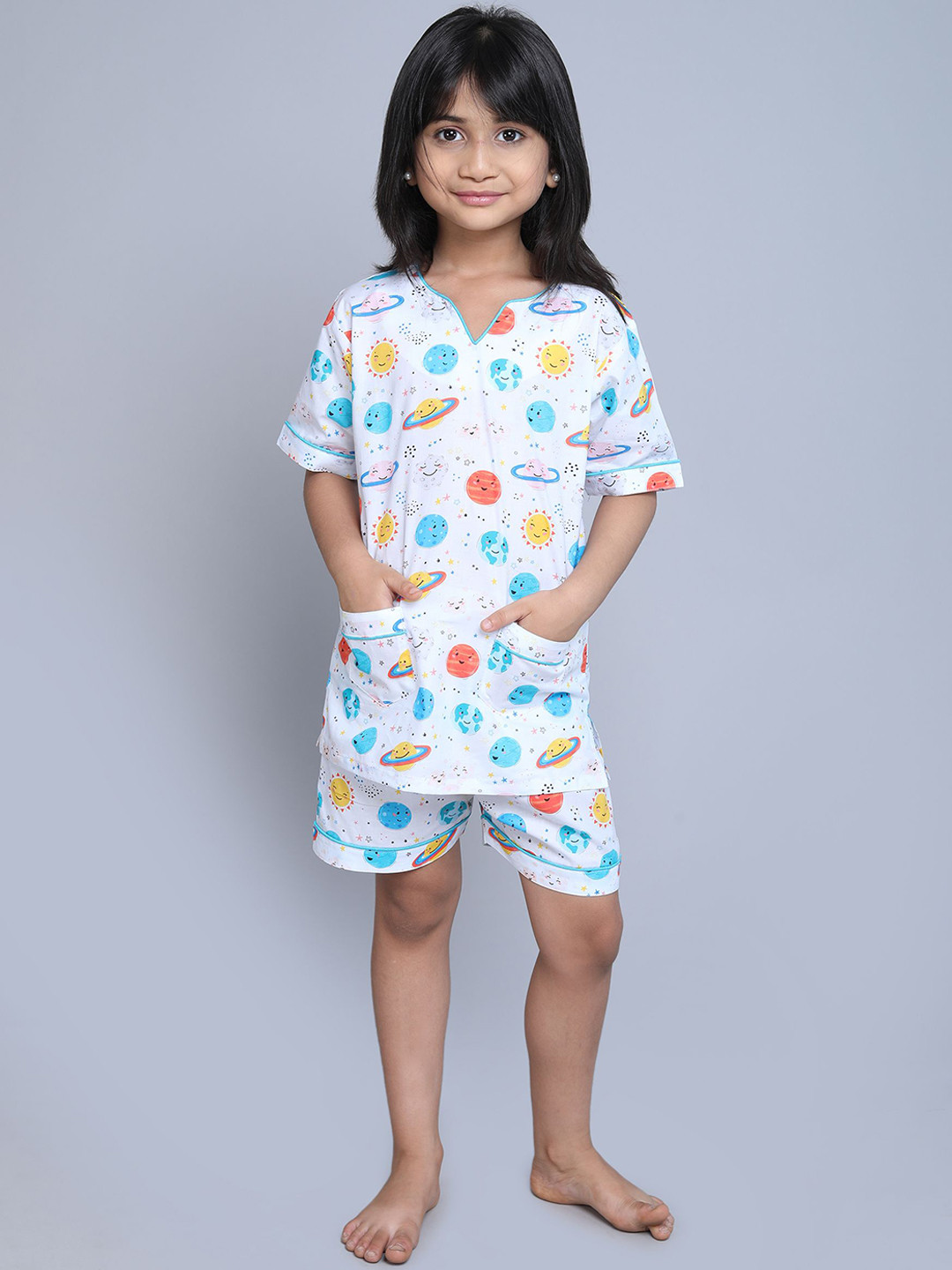 

BAESD Girls Printed Pure Cotton Night suit, White