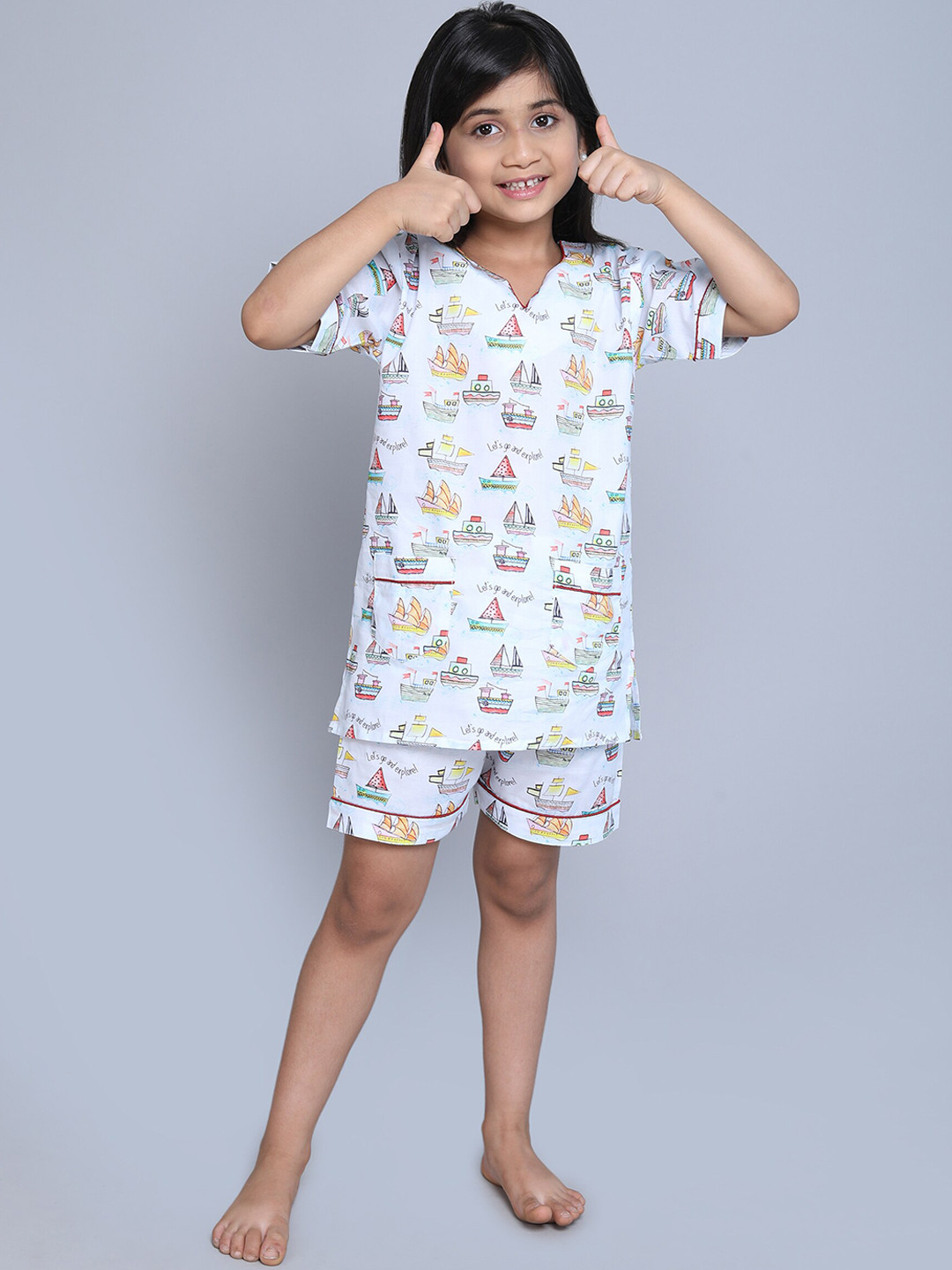 

BAESD Girls Printed Pure Cotton Top With Shorts Night Suits, Cream