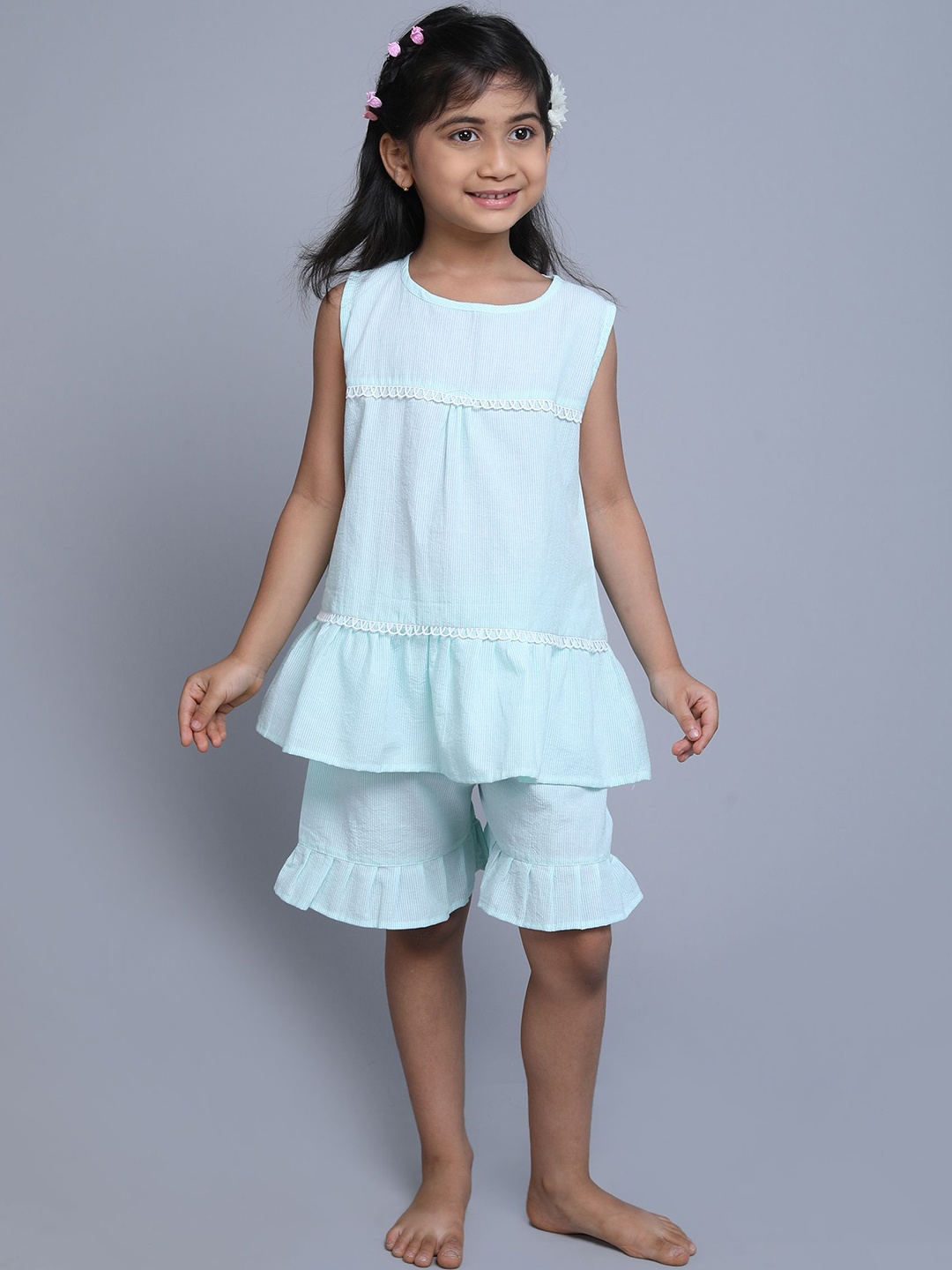 

BAESD Striped Round Neck Sleeveless Cotton Top & Shorts, Green