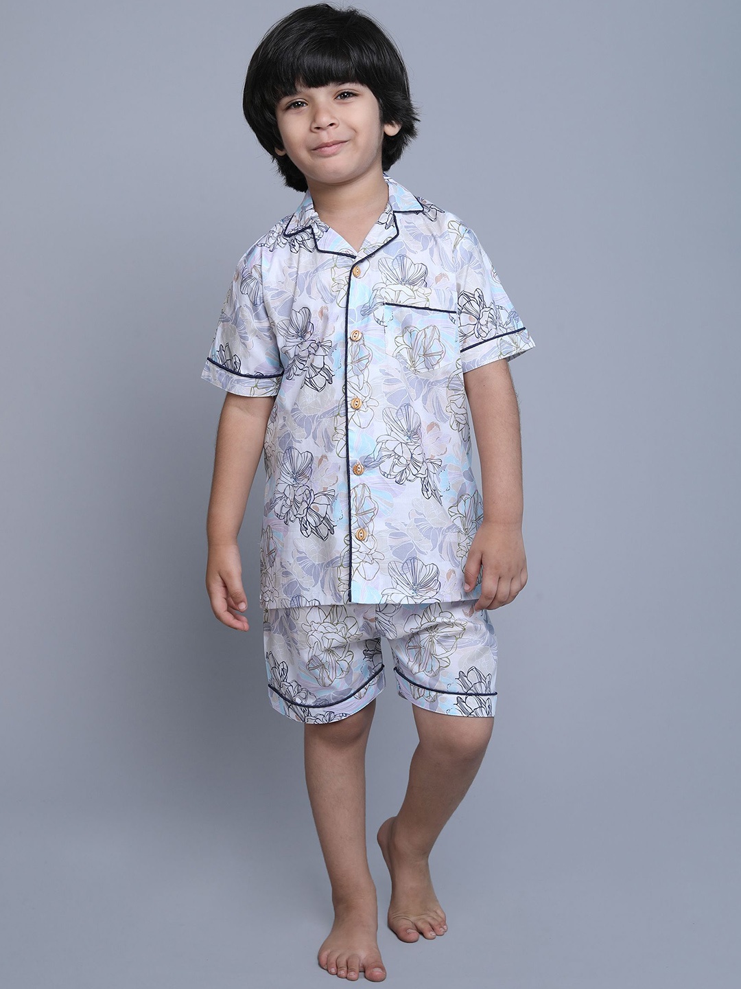 

BAESD Kids Floral Printed Cotton Night suit, Grey