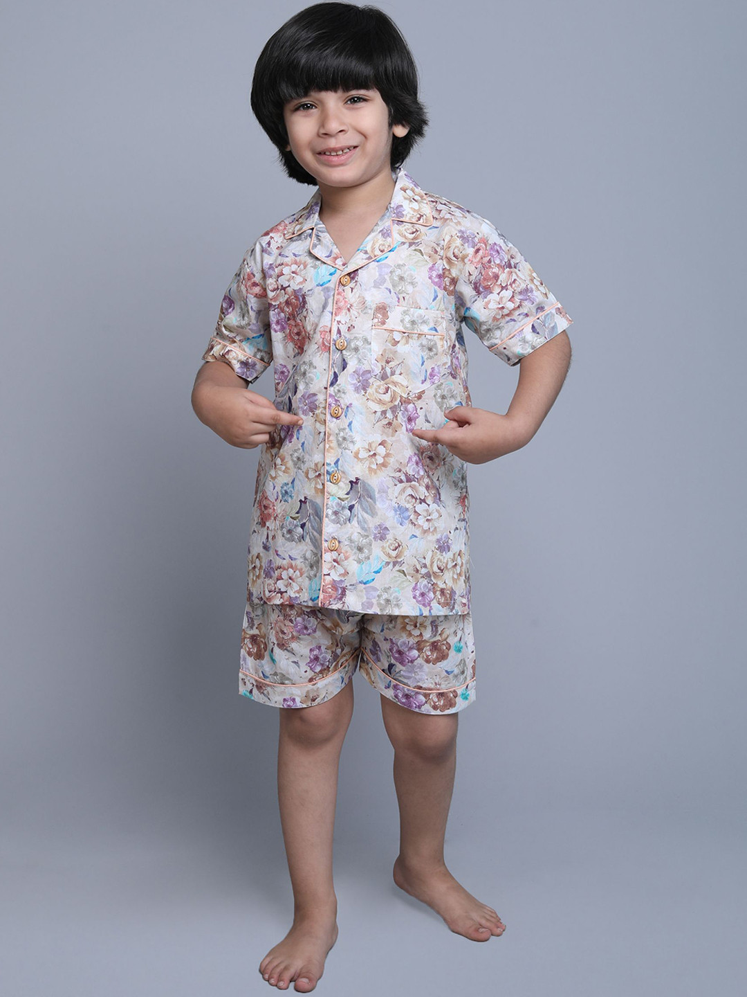 

BAESD Kids Floral Printed Cuban Collar Short Sleeves Pure cotton Shirt & Short, Brown