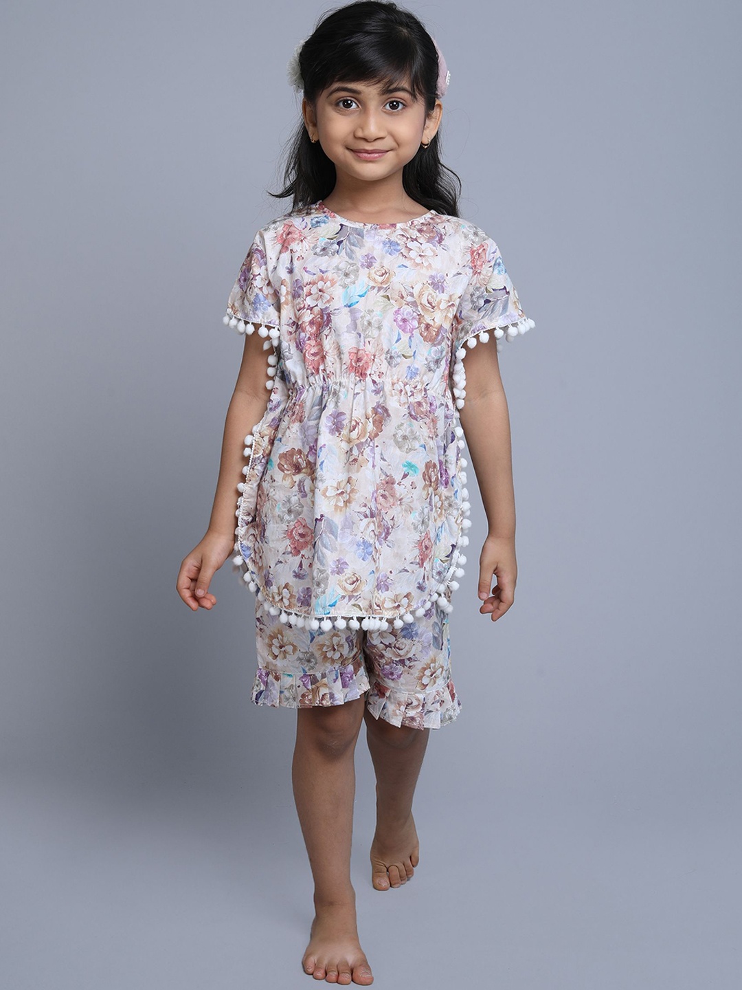 

BAESD Girls Floral Printed kaftan Pure Cotton Top & Shorts, White