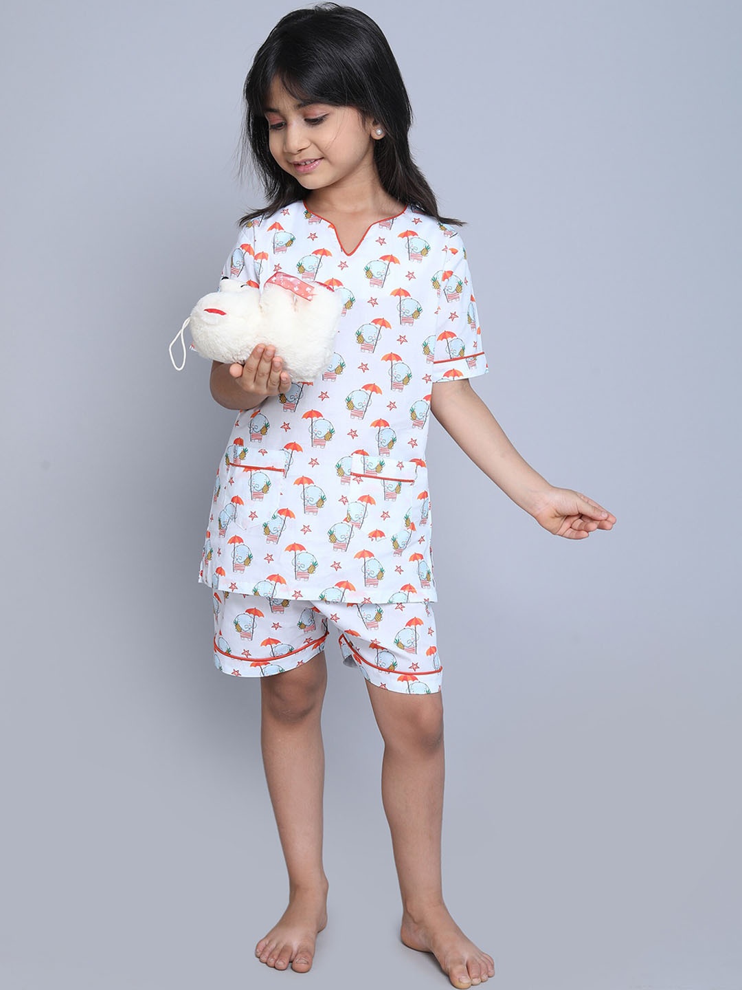 

BAESD Girls Printed Pure Cotton Night suit, Cream