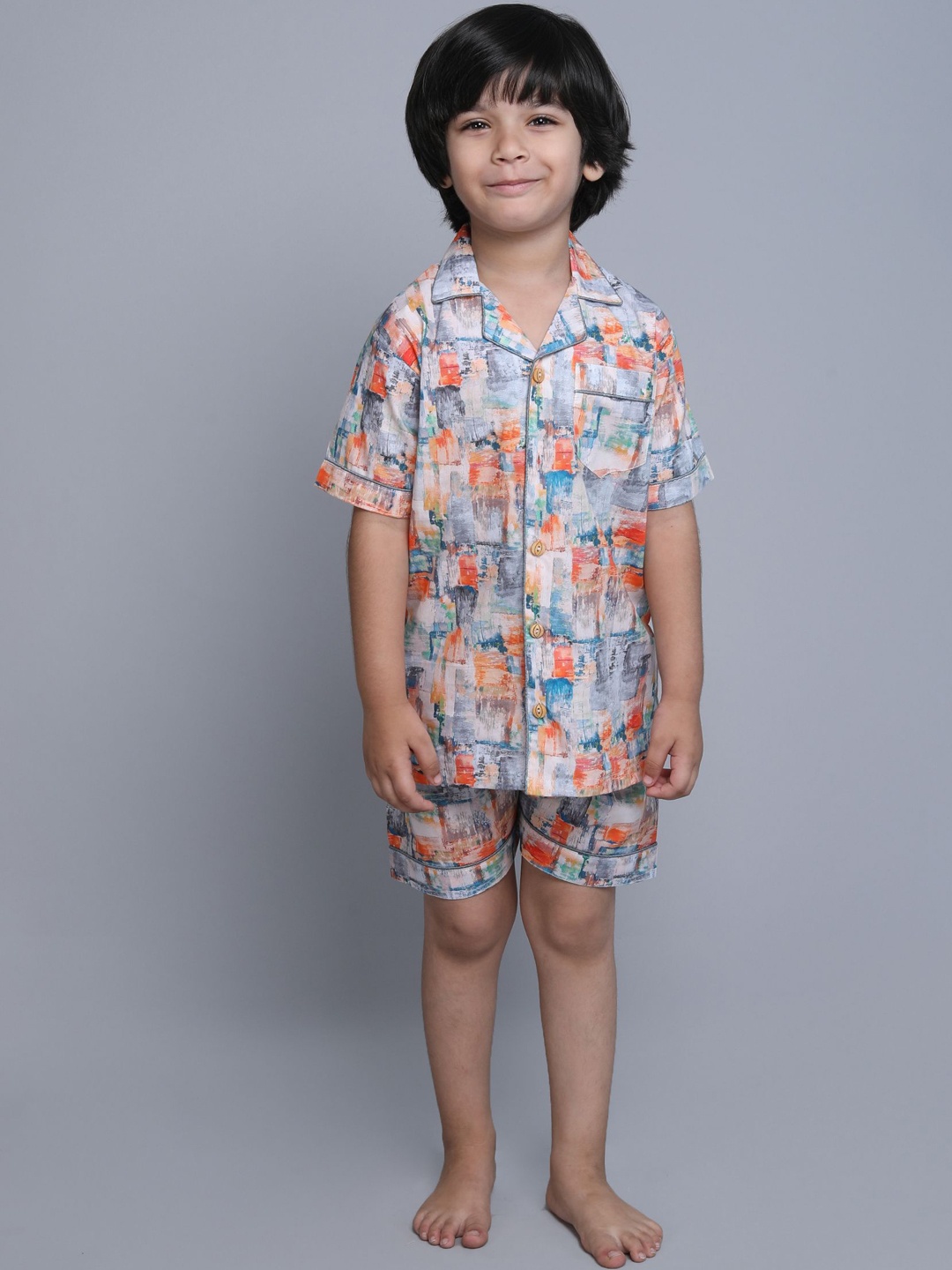 

BAESD Boys Printed Pure Cotton Shirt Collar Neck Shirt With Flared Shorts, White