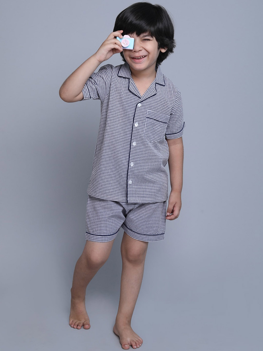 

BAESD Boys Checked Pure Cotton Shirt With Shorts Clothing Set, Navy blue