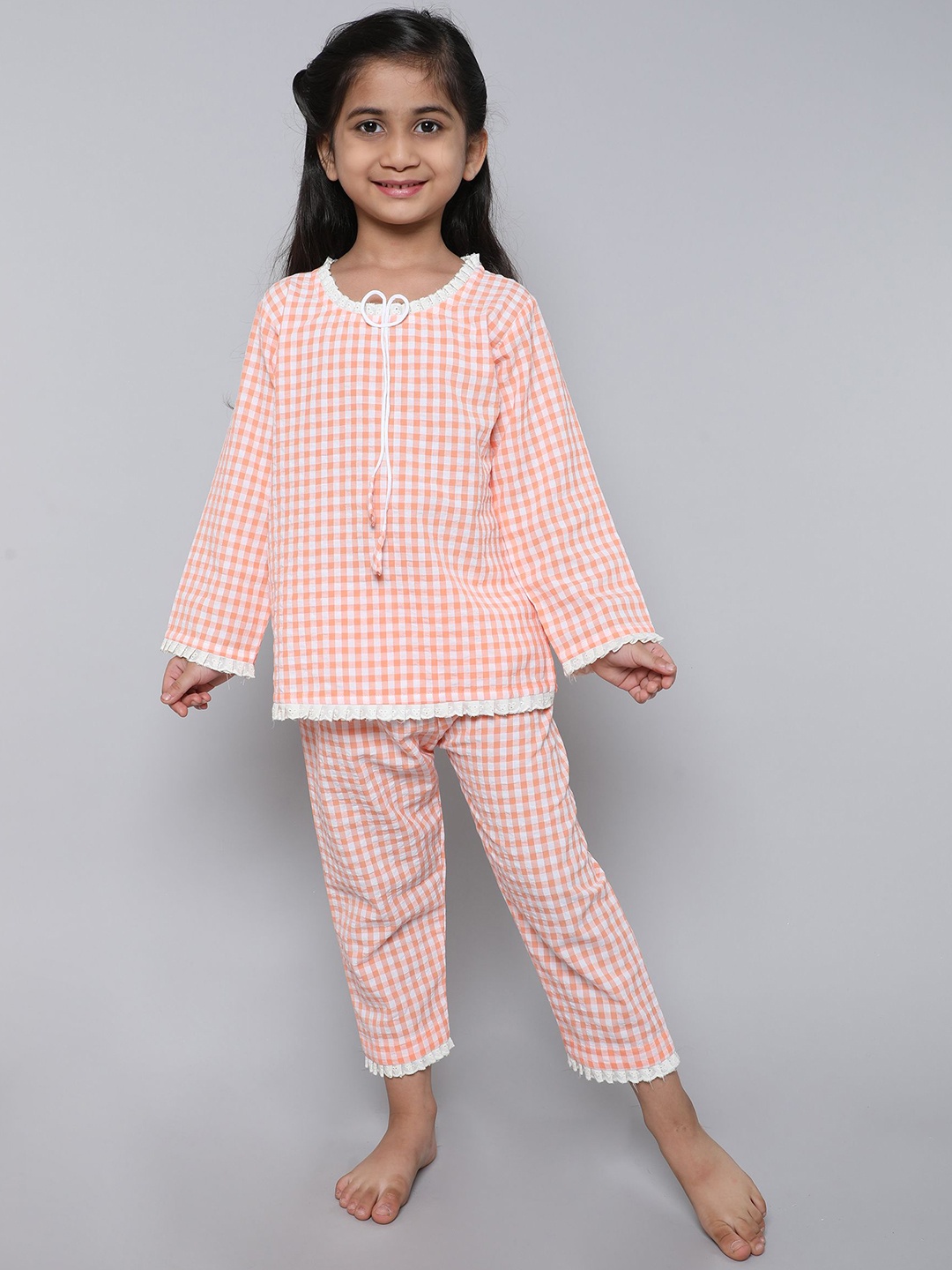 

BAESD Girls Checked Pure Cotton Night suit, Peach