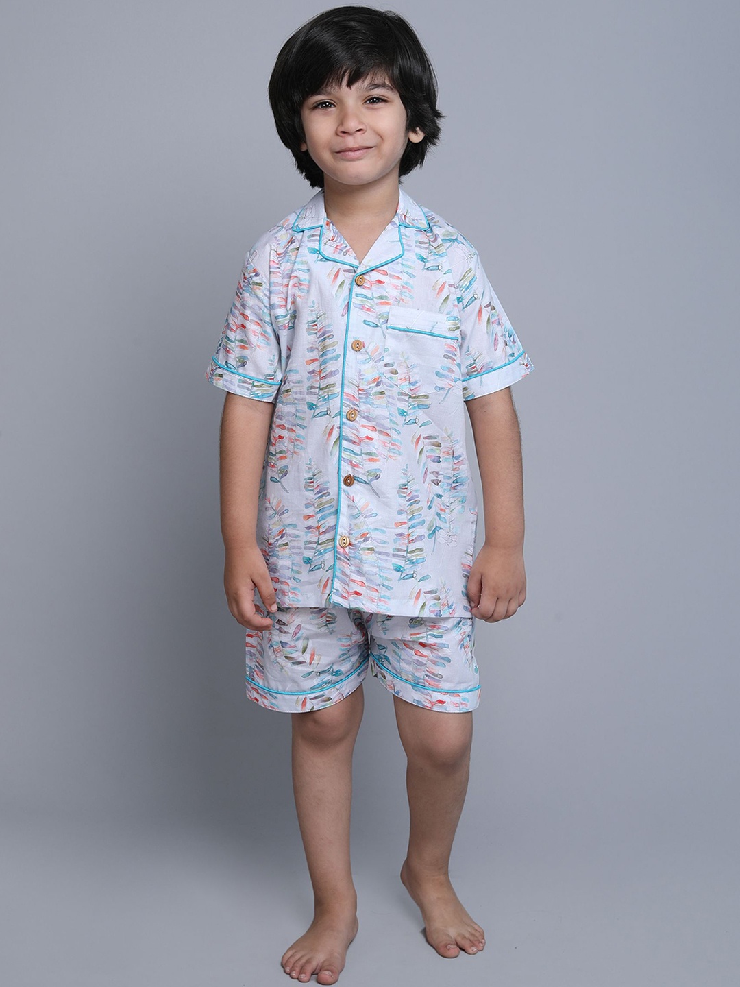 

BAESD Boys Tropical Printed Cuban Collar Pure Cotton Shirt With Shorts, White