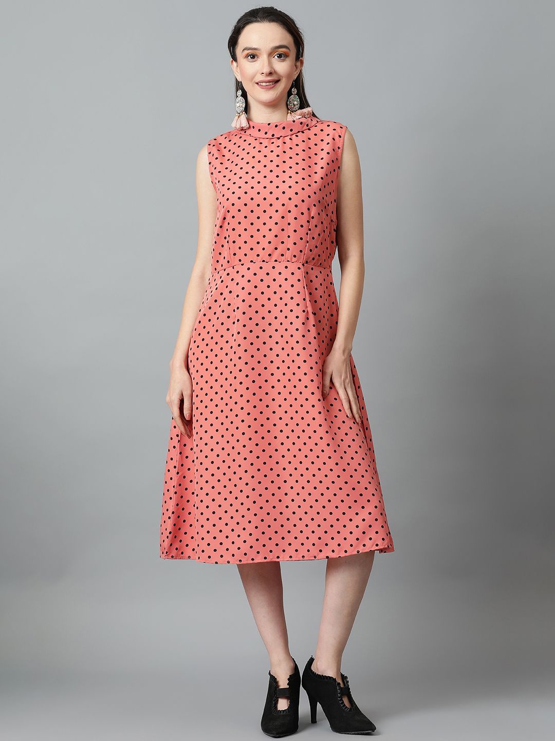 

Kotty Polka Dot Printed High Neck Sleeveless Fit & Flare Midi Dress, Peach