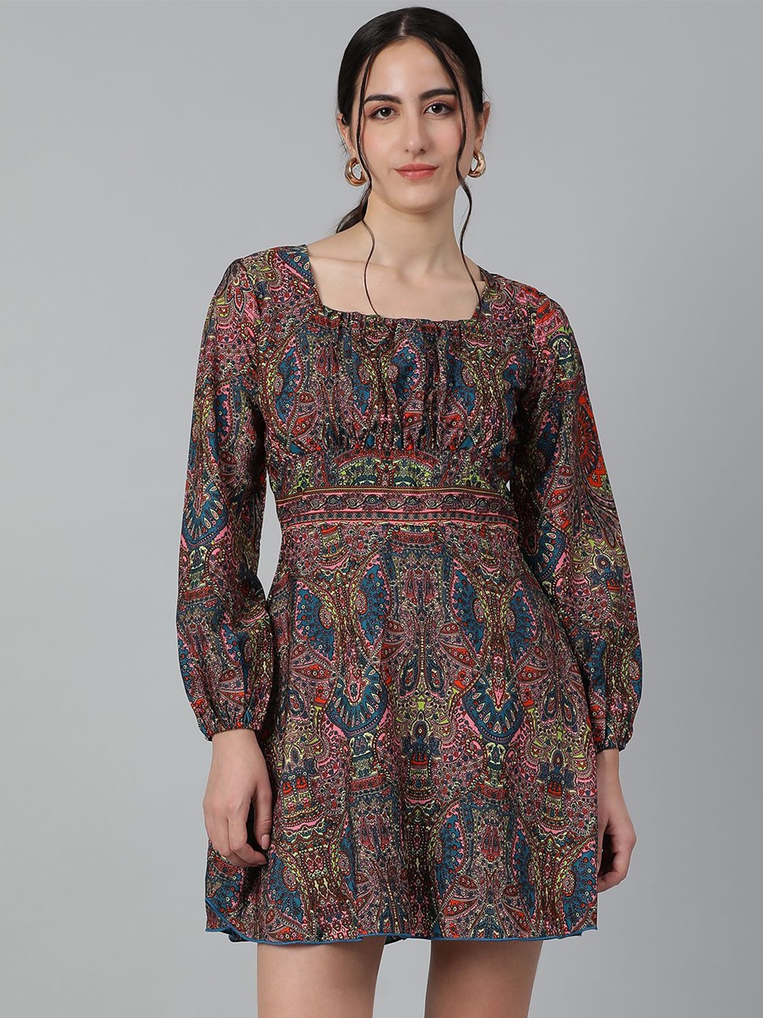 

Kotty Ethnic Motifs Printed Square Neck Puff Sleeves Fit & Flare Dress, Grey