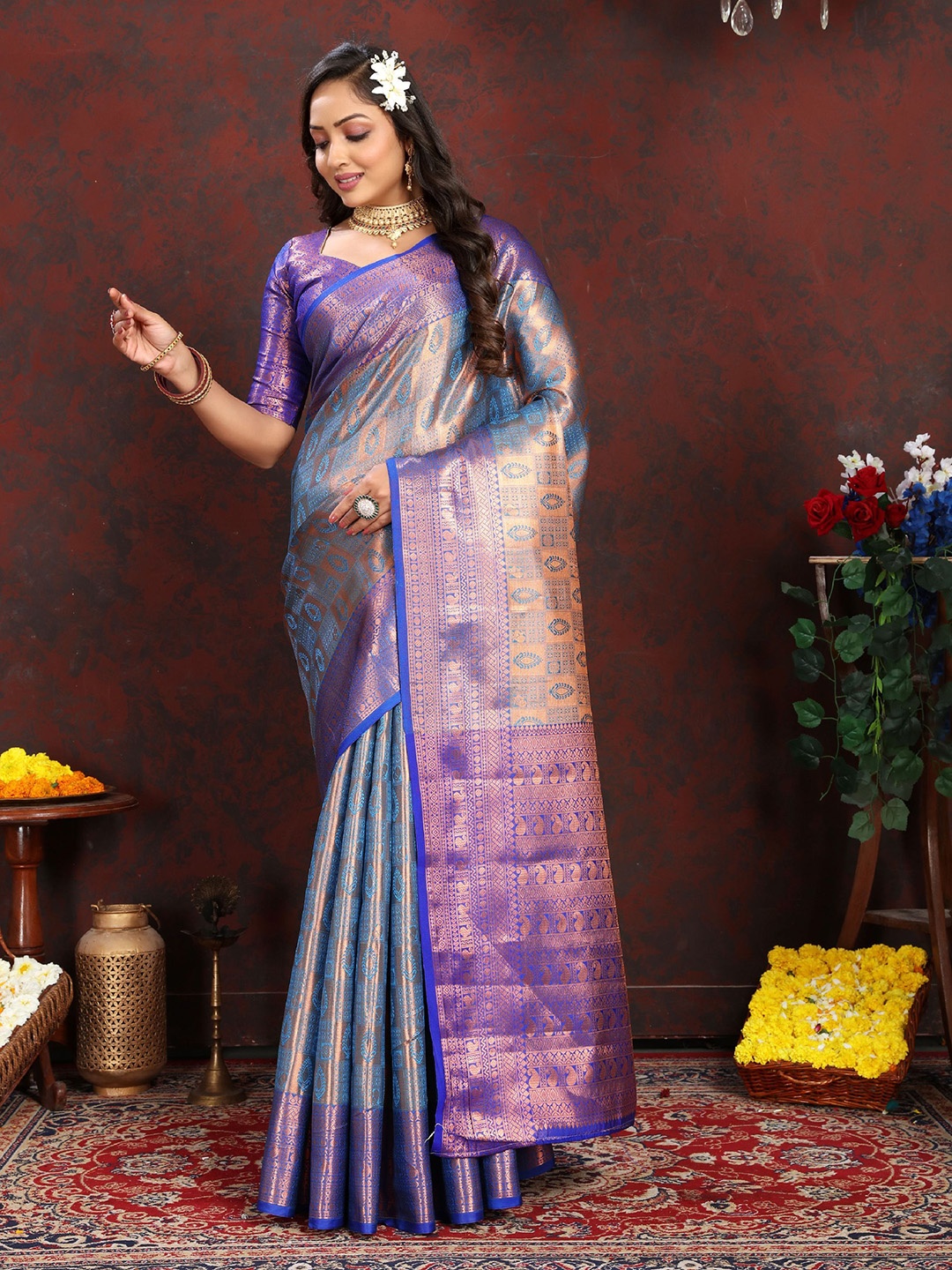 

Mitera Woven Design Zari Pure Silk Banarasi Saree, Purple