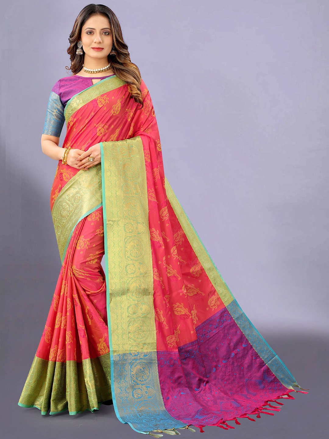 

Mitera Ethnic Motifs Zari Pure Silk Banarasi Saree, Orange