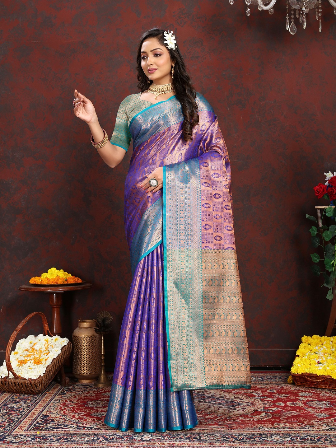

Mitera Ethnic Motifs Zari Pure Silk Banarasi Saree, Purple