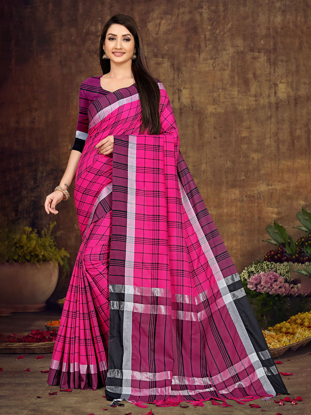 

Mitera Checked Zari Pure Cotton Banarasi Saree, Pink
