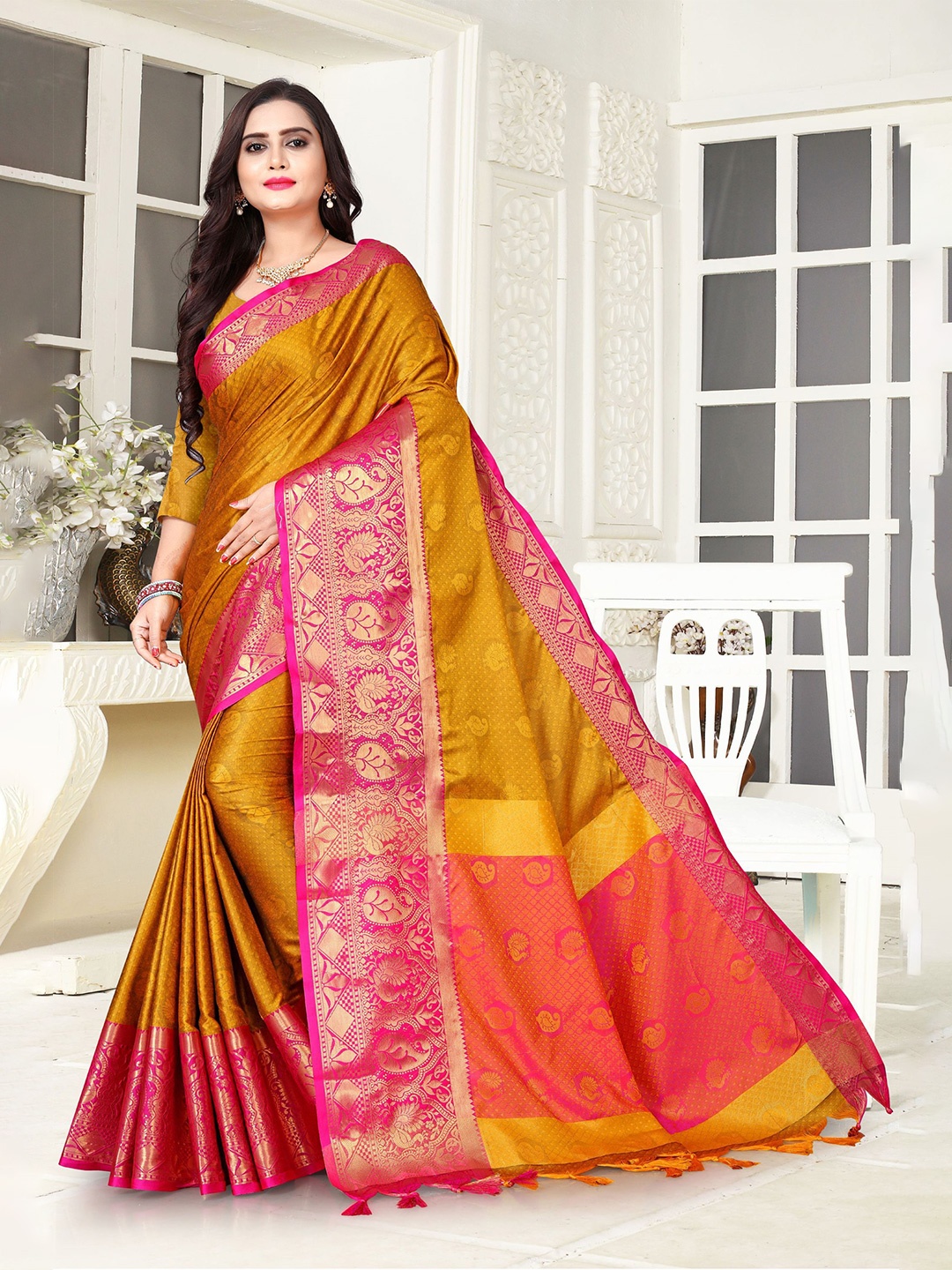 

Mitera Ethnic Motifs Zari Pure Silk Banarasi Saree, Mustard