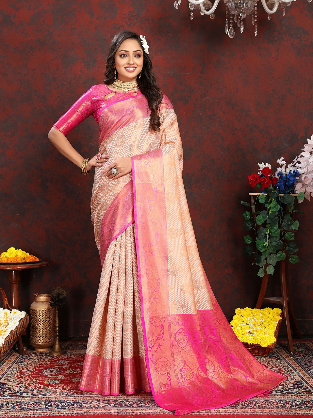 

Mitera Ethnic Motifs Zari Pure Silk Banarasi Saree, Orange