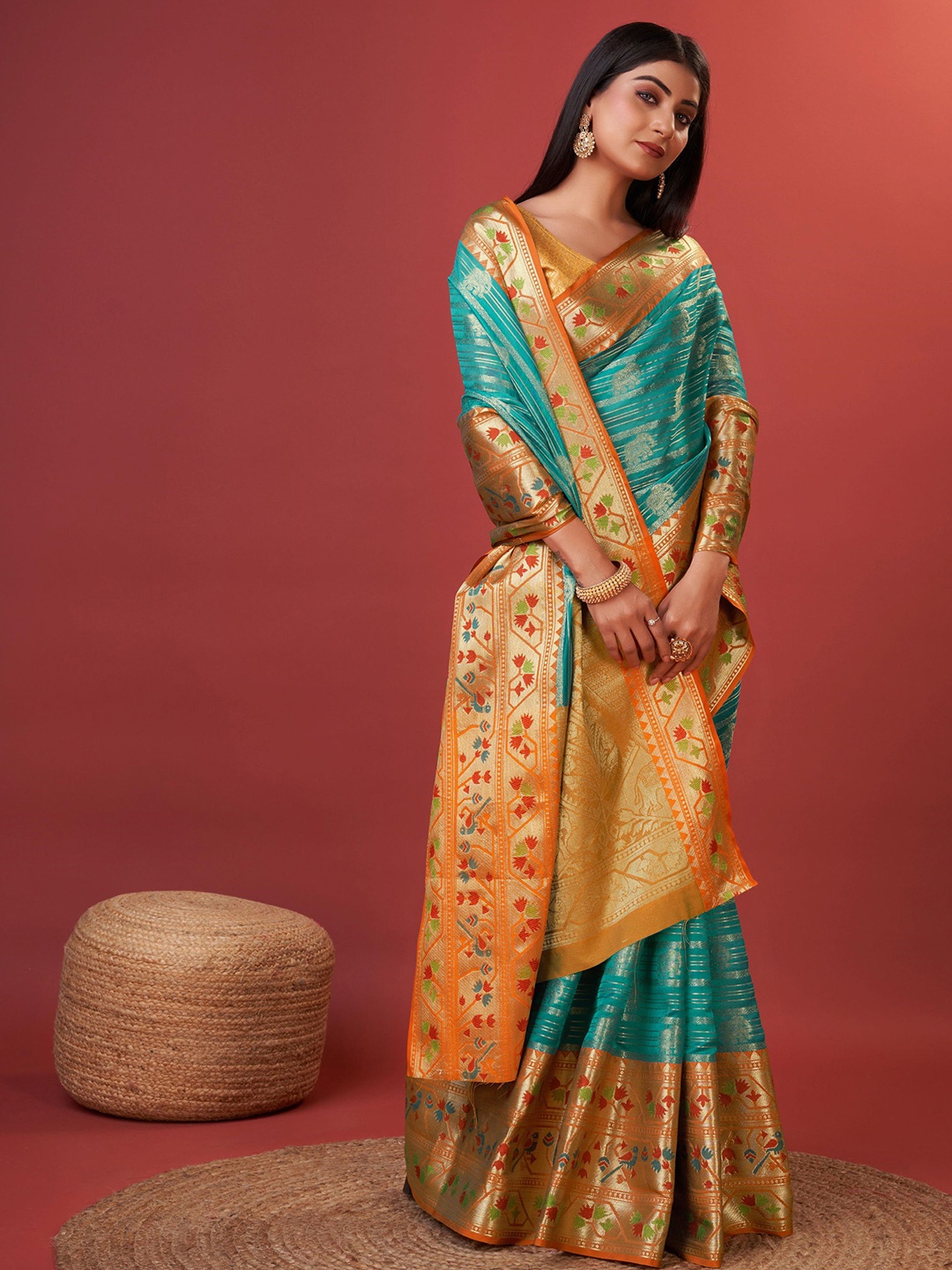

Mitera Ethnic Motifs Zari Pure Silk Banarasi Saree, Green