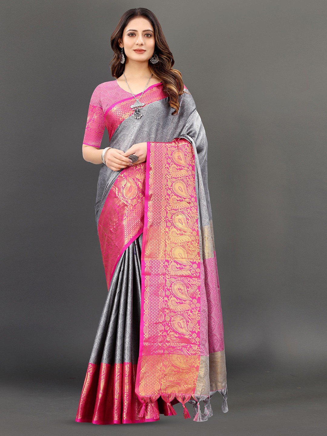 

Mitera Ethnic Motifs Zari Pure Silk Banarasi Saree, Grey