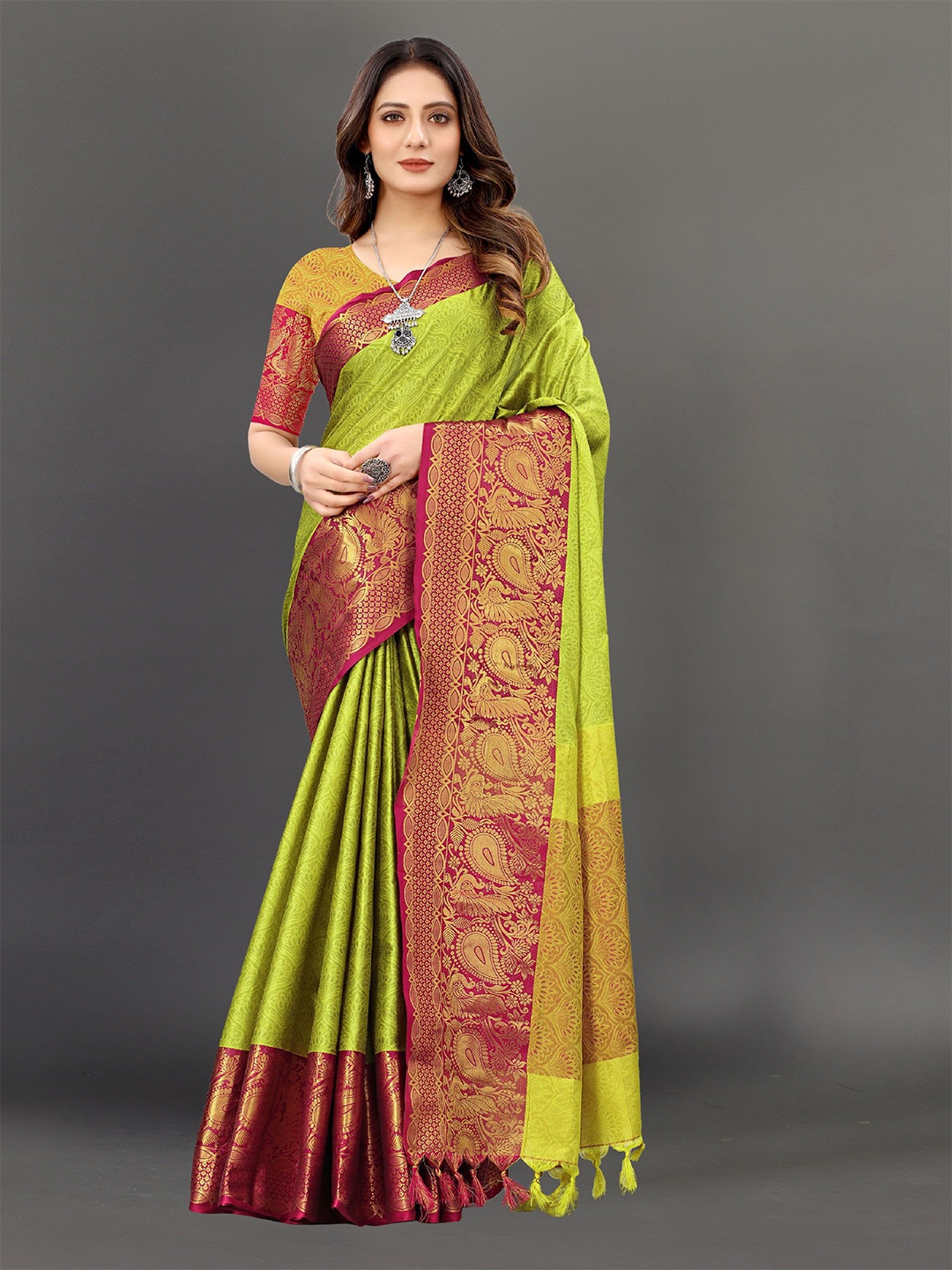 

Mitera Ethnic Motifs Zari Pure Silk Banarasi Saree, Green