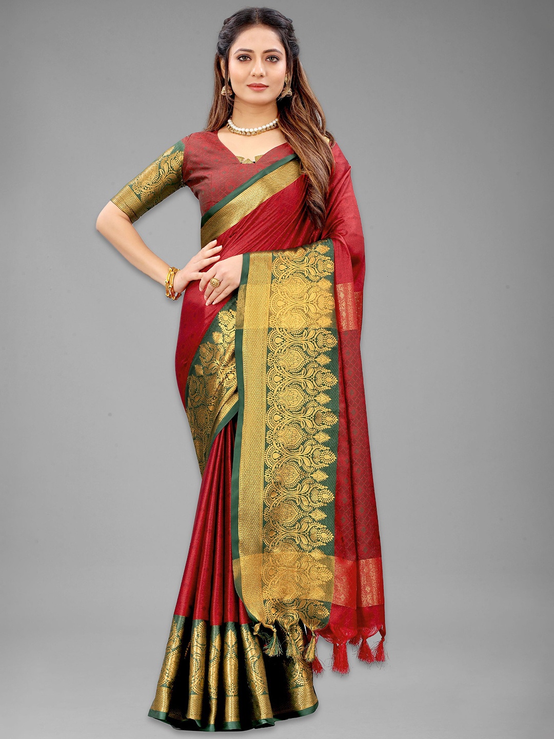 

Mitera Ethnic Motifs Zari Pure Silk Banarasi Saree, Rust