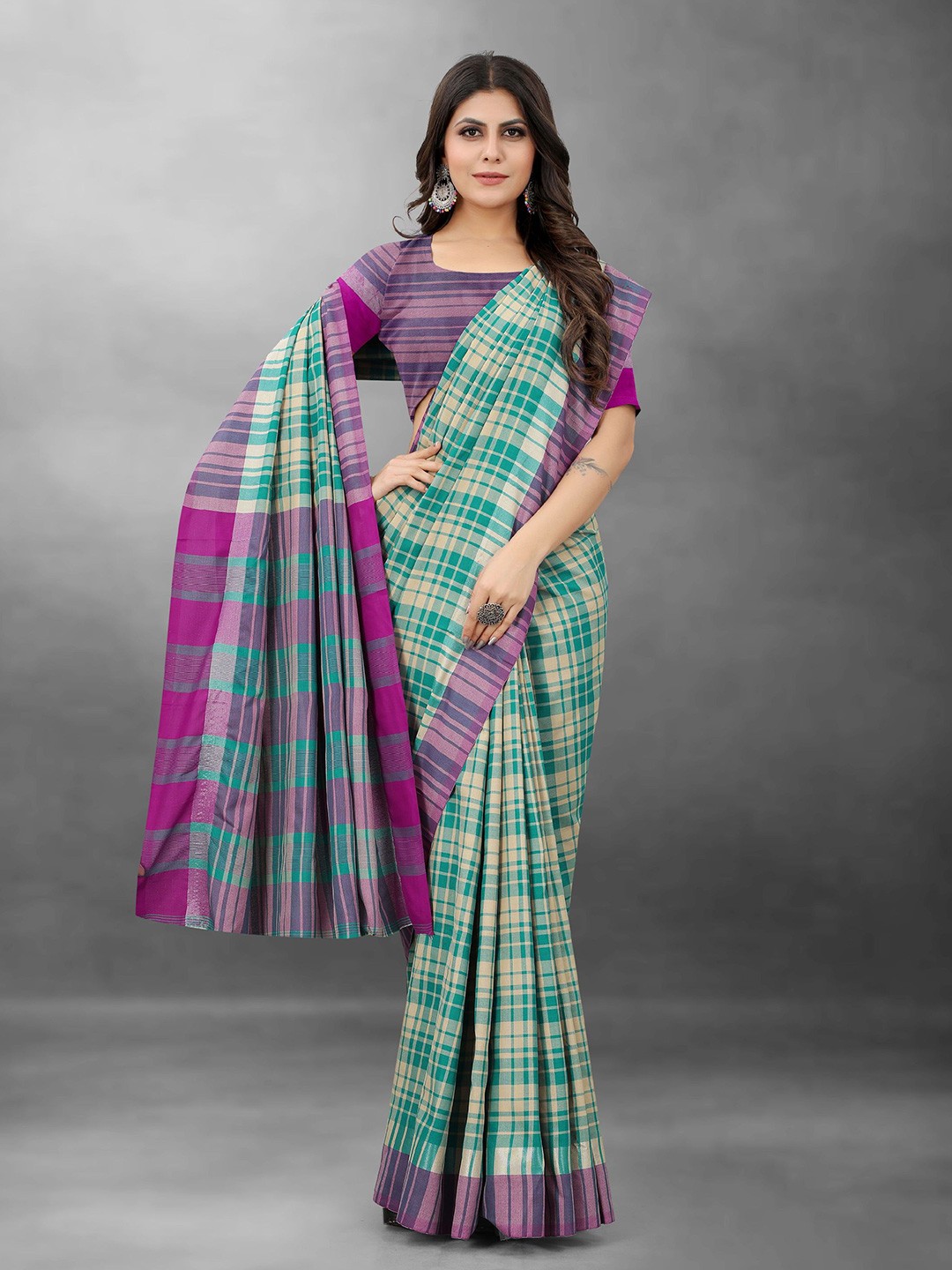 

Mitera Checked Zari Pure Cotton Saree, Green