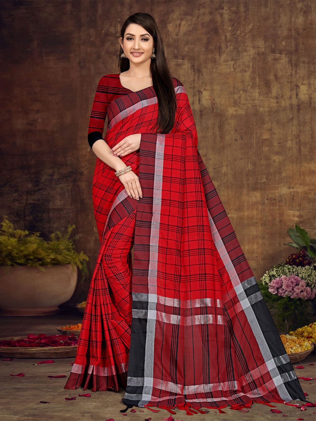

Mitera Striped Zari Pure Cotton Saree, Red