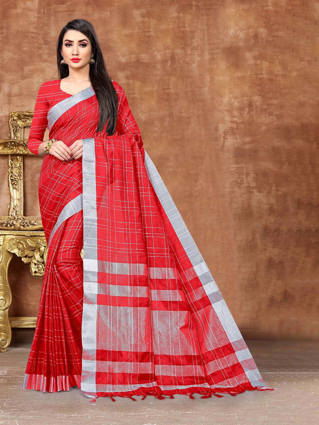 

Mitera Checked Zari Pure Cotton Banarasi Saree, Red