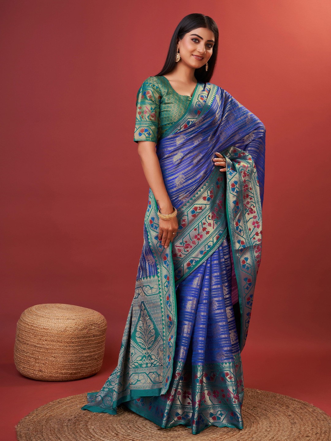 

Mitera Ethnic Motifs Zari Pure Silk Banarasi Saree, Blue