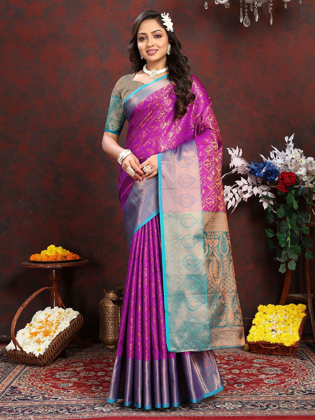 

Mitera Ethnic Motifs Zari Pure Silk Banarasi Saree, Blue