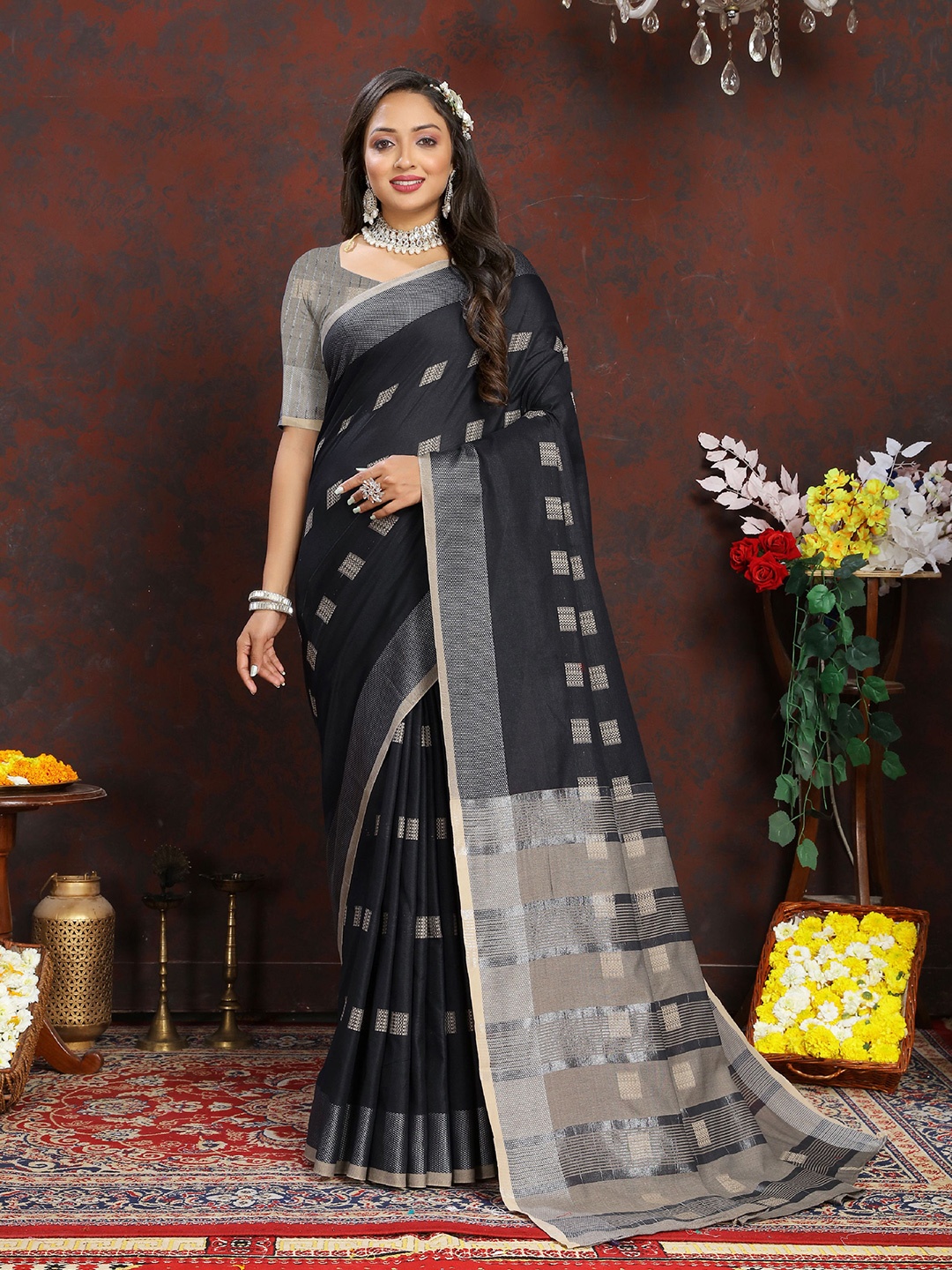 

Mitera Woven Design Zari Pure Cotton Banarasi Saree, Black