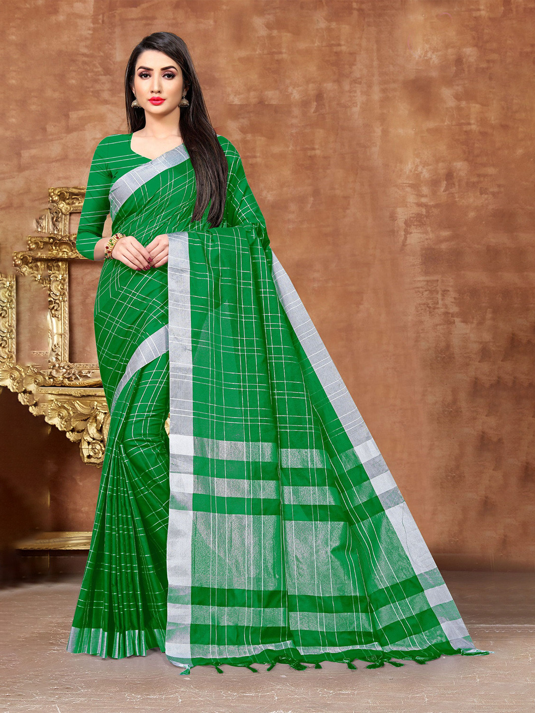 

Mitera Checked Zari Pure Cotton Banarasi Saree, Green