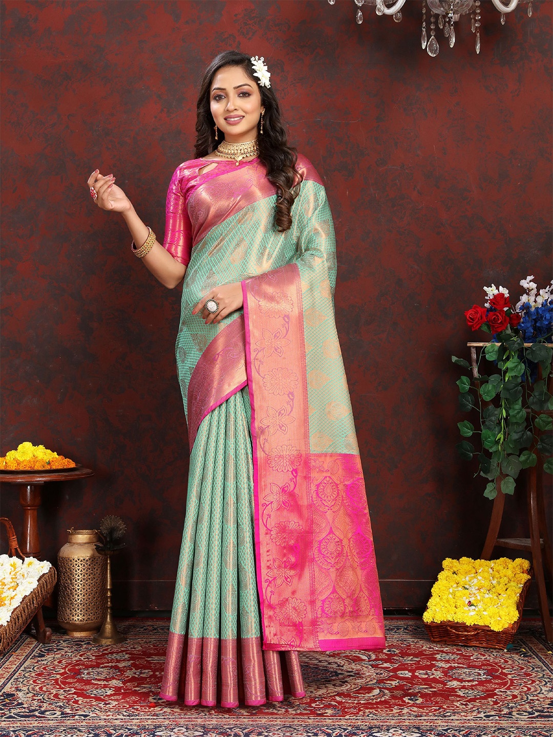

Mitera Ethnic Motifs Zari Pure Silk Banarasi Saree, Sea green