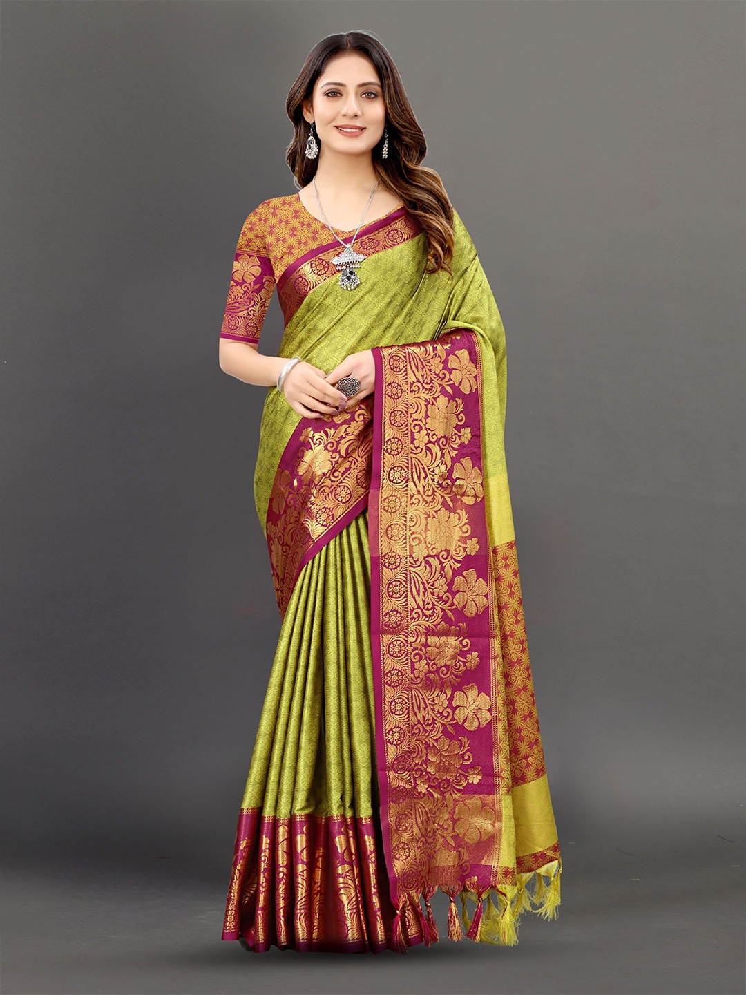 

Mitera Ethnic Motifs Zari Pure Silk Banarasi Saree, Green