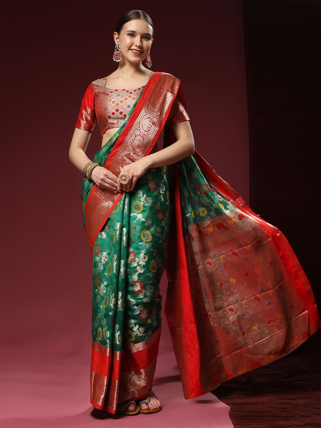 

Mitera Ethnic Motifs Zari Pure Silk Banarasi Saree, Green