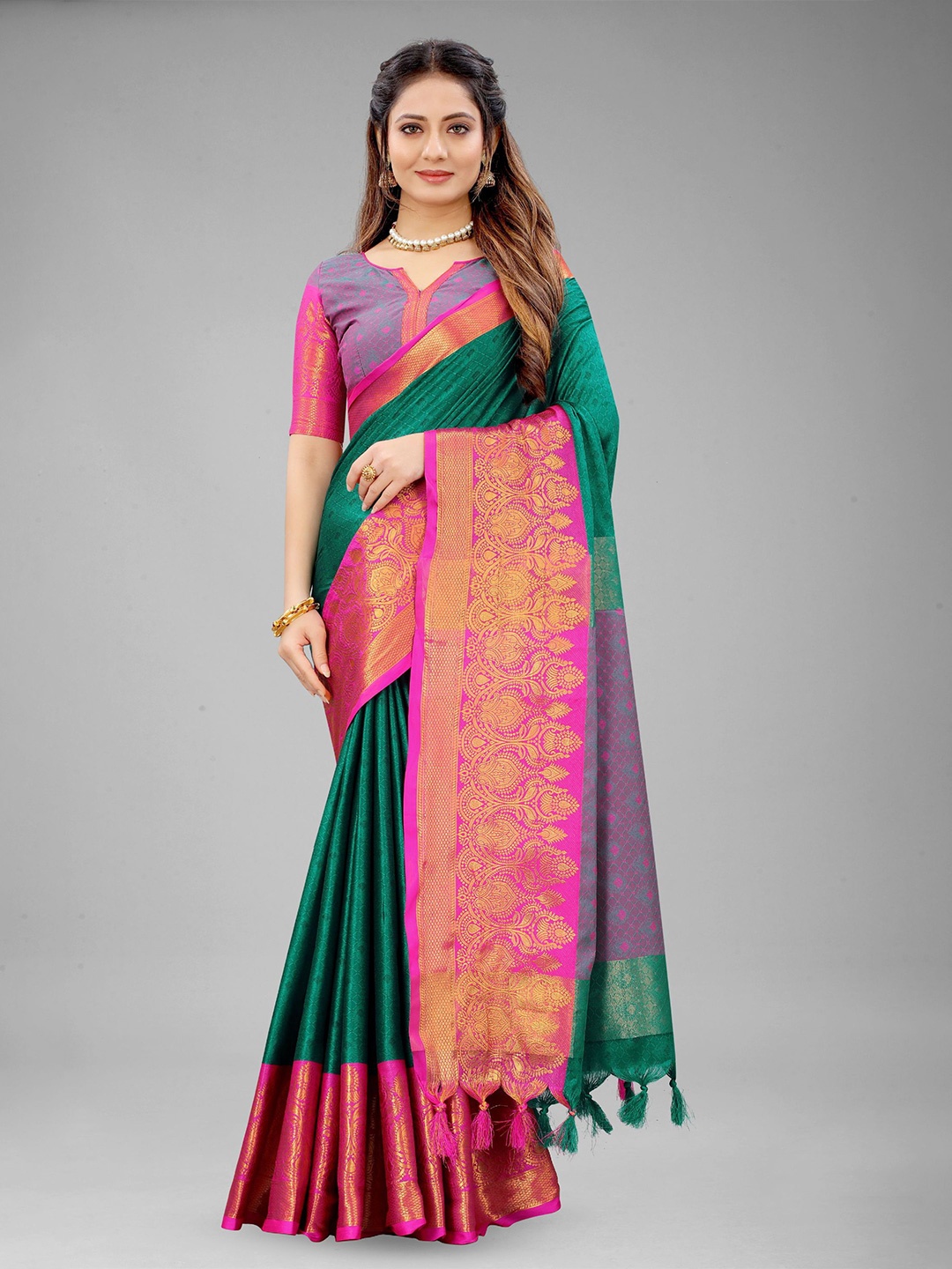 

Mitera Ethnic Motifs Zari Pure Silk Banarasi Saree, Green