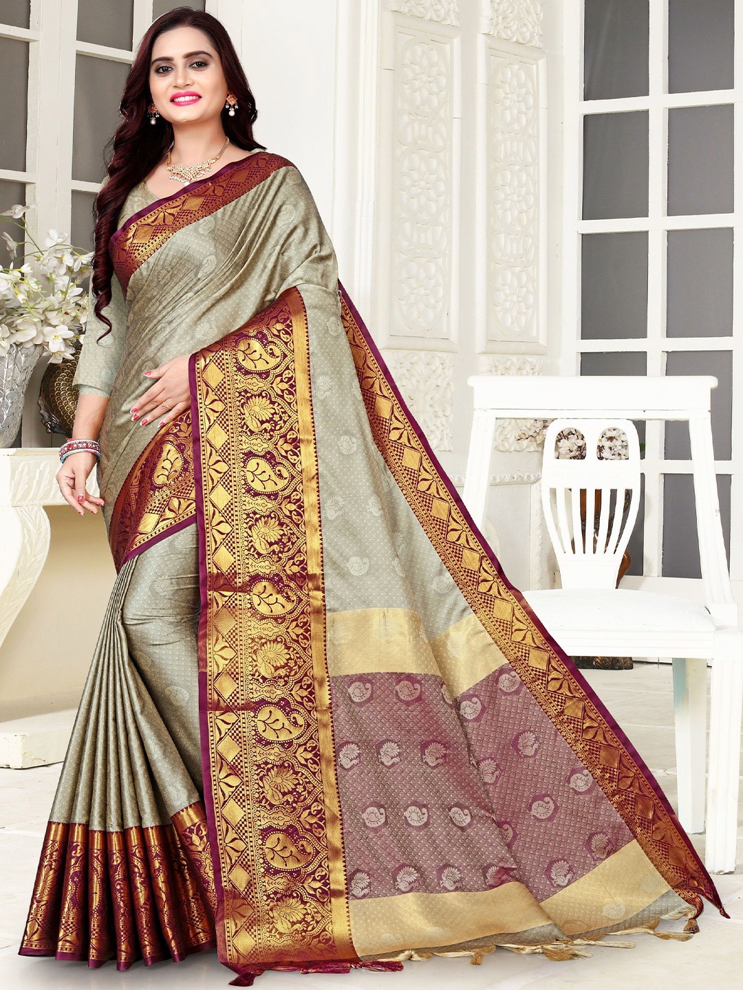 

Mitera Woven Design Zari Pure Cotton Banarasi Saree, Beige