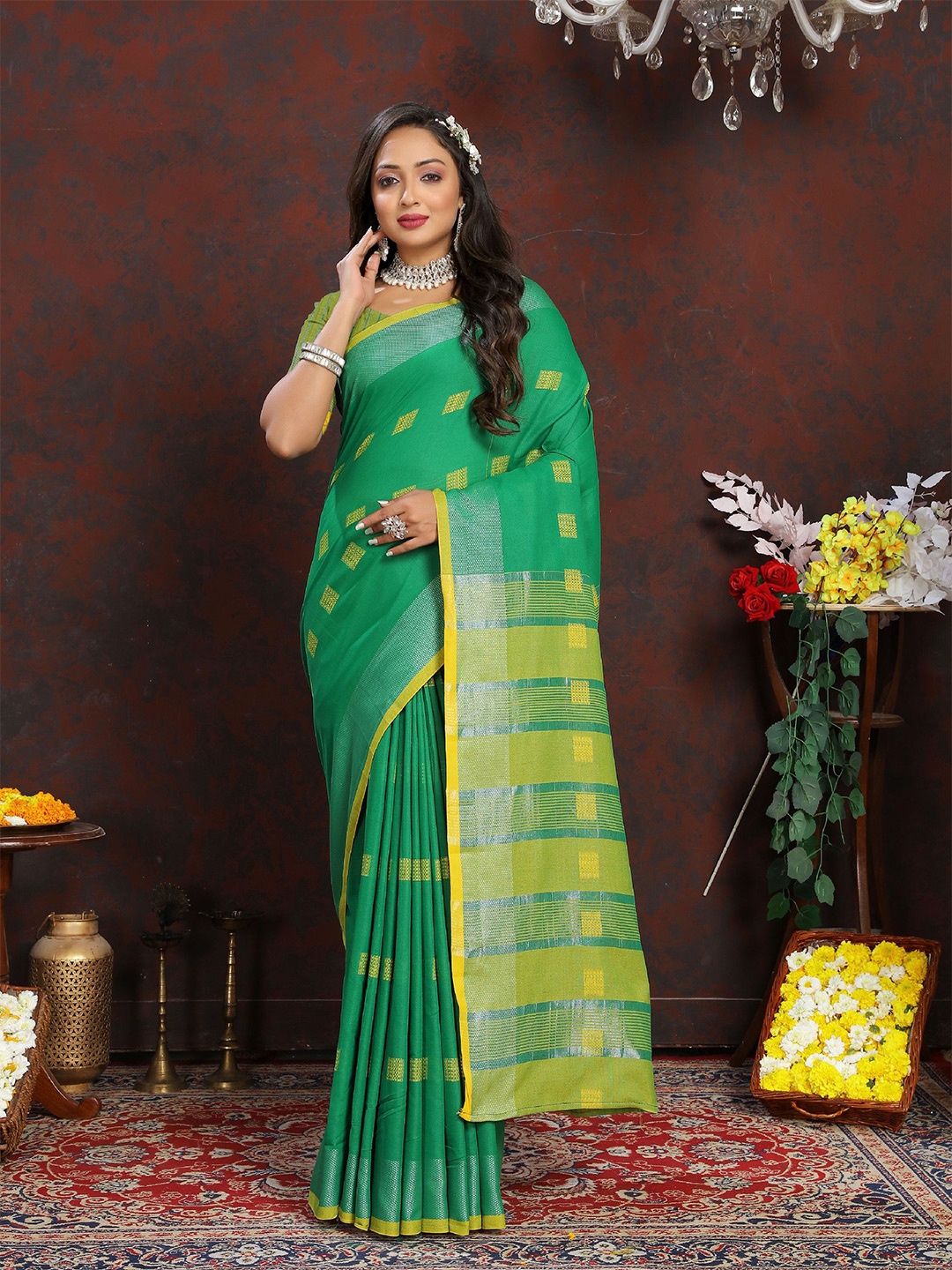 

Mitera Woven Design Pure Cotton Banarasi Saree, Green