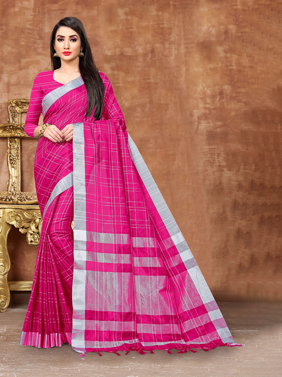 

Mitera Checked Zari Pure Cotton Banarasi Saree, Pink