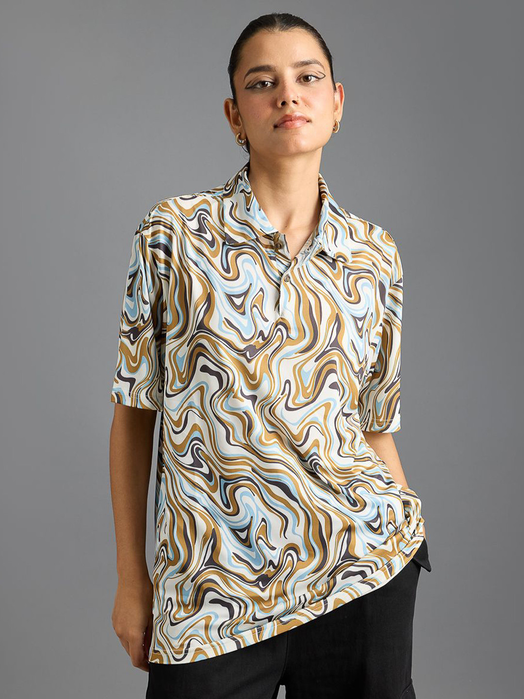 

FREAKINS Graphic Printed Polo Collar Drop-Shoulder Sleeves T-shirt, White