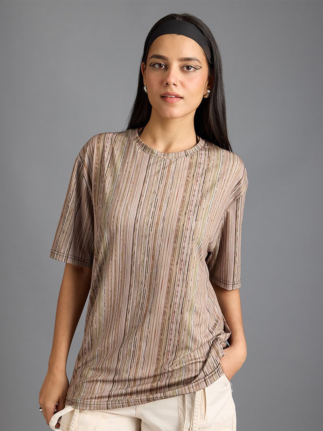 

FREAKINS Abstract Printed Round Neck Drop-Shoulder Sleeves T-shirt, Brown