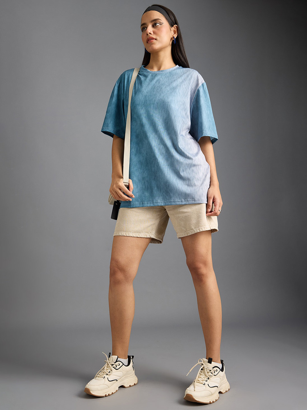 

FREAKINS Self Design Textured Round Neck Drop-Shoulder Sleeves T-shirt, Blue