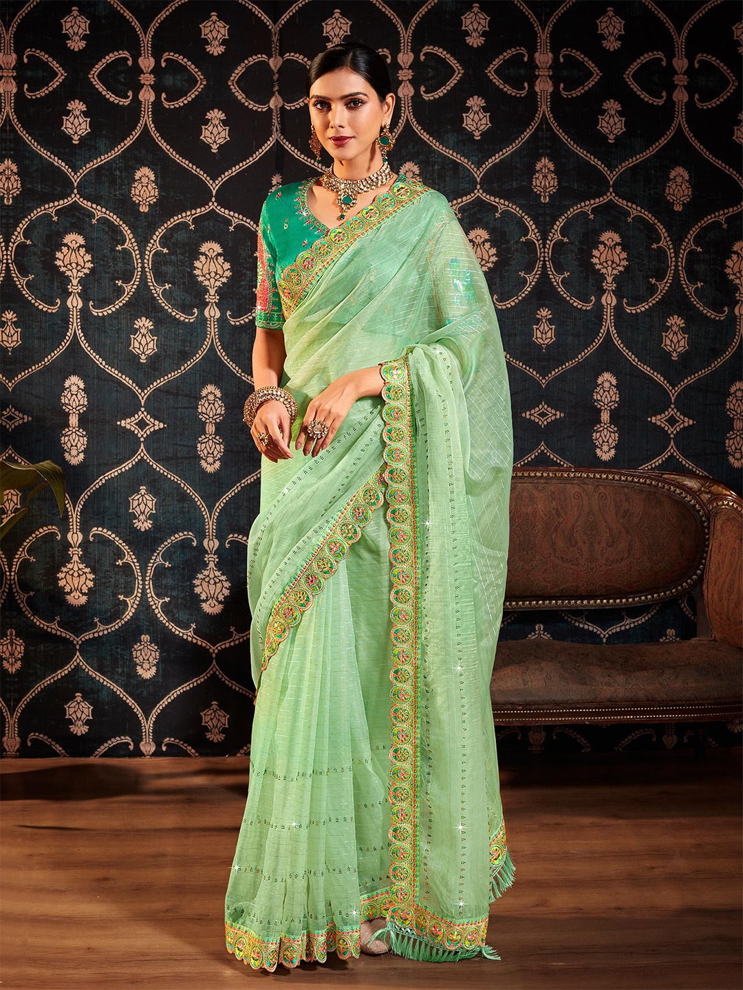 

ALAGINI Ethnic Motifs Beads and Stones Organza Chanderi Saree, Sea green