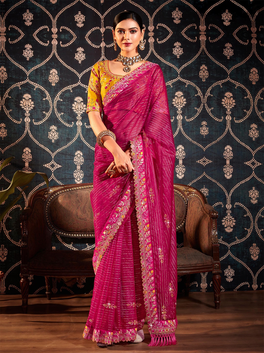 

ALAGINI Ethnic Motifs Beads and Stones Organza Heavy Work Chanderi Saree, Pink