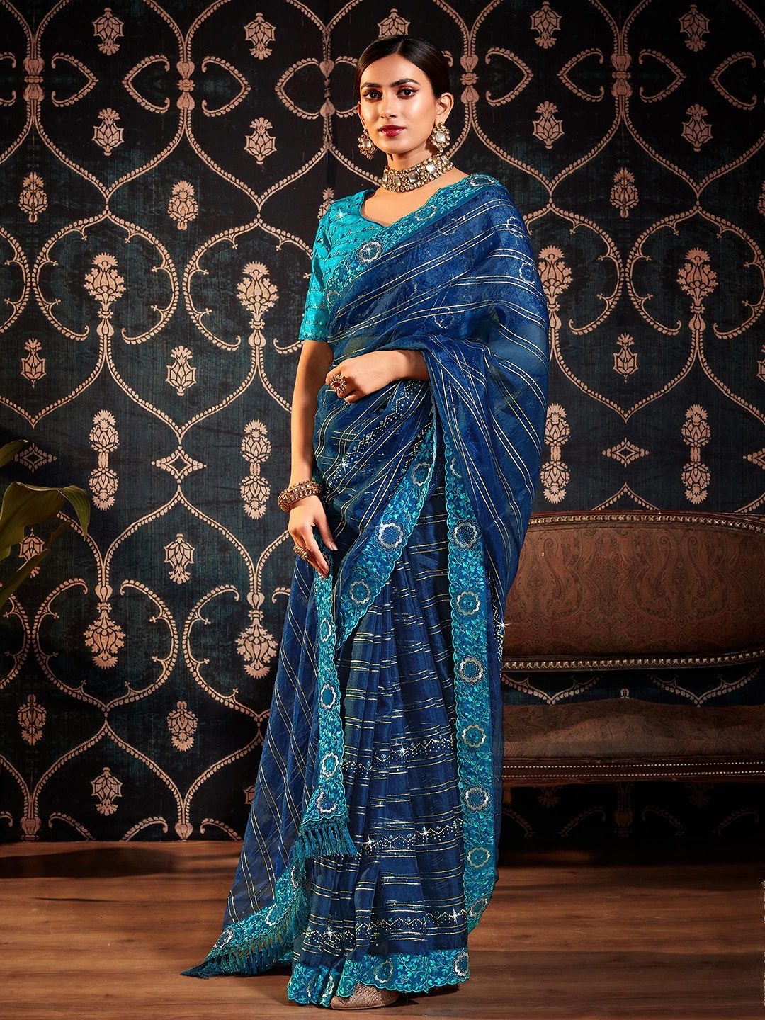 

ALAGINI Striped Embroidered Organza Chanderi Saree, Blue