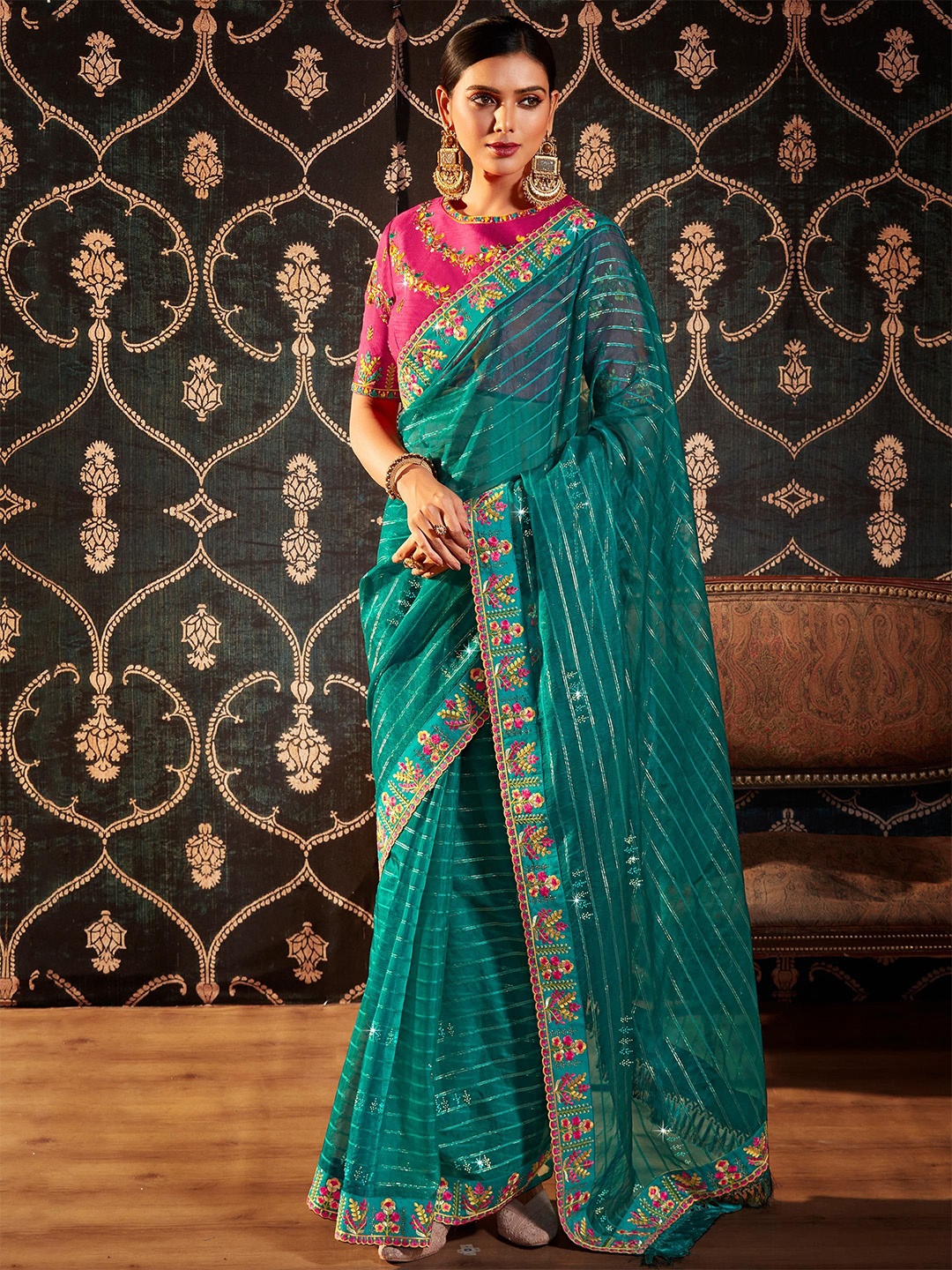 

ALAGINI Striped Embroidered Organza Chanderi Saree, Teal