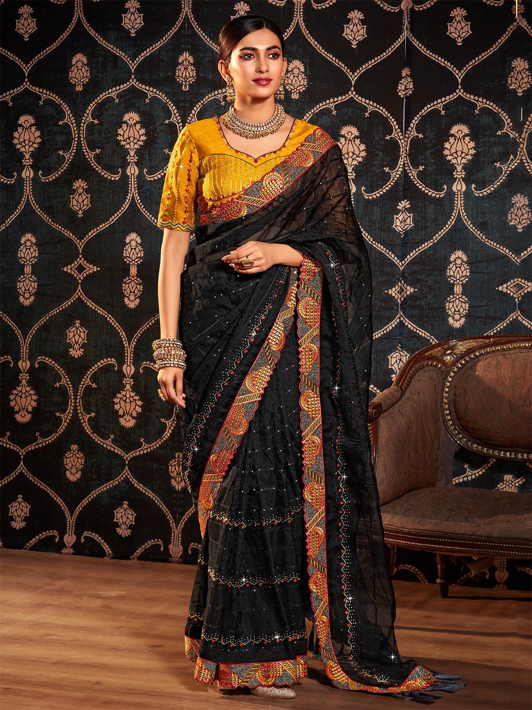 

ALAGINI Ethnic Motifs Beads and Stones Organza Heavy Work Chanderi Saree, Black