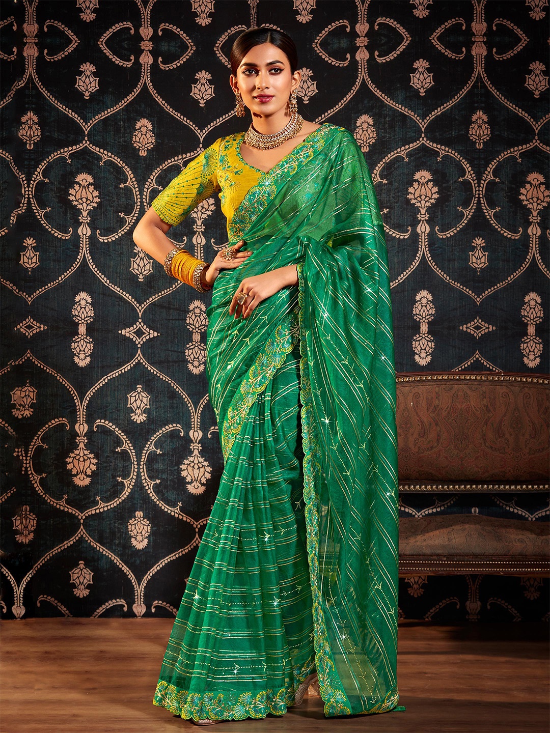 

ALAGINI Striped Beads and Stones Organza Chanderi Saree, Green