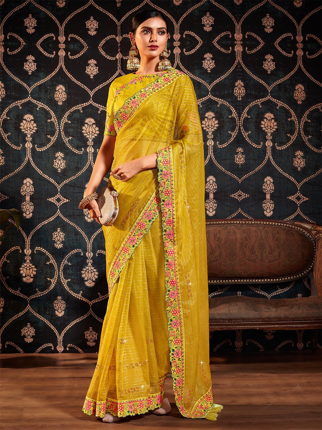 

ALAGINI Ethnic Motifs Organza Heavy Work Chanderi Saree, Mustard