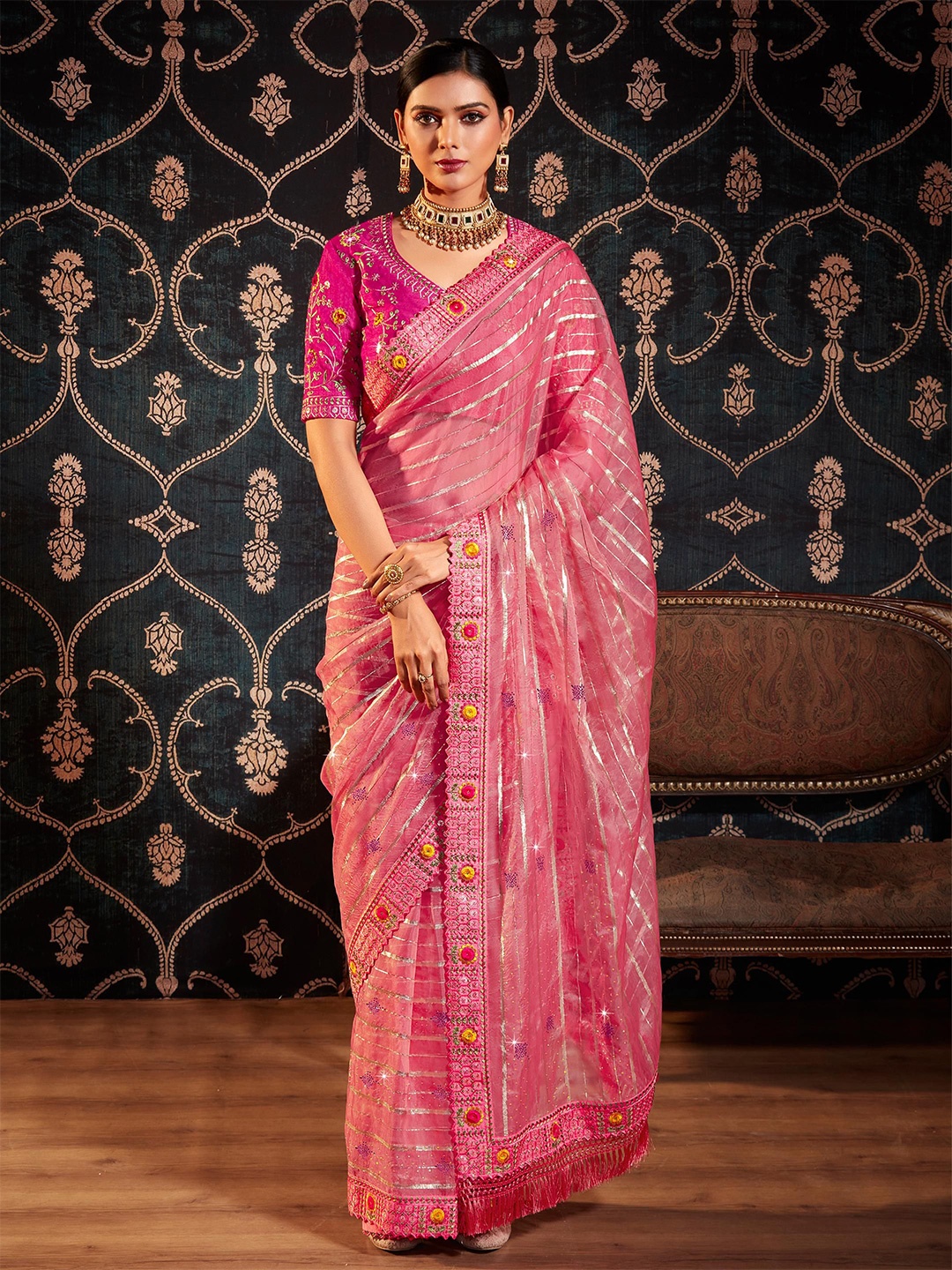 

ALAGINI Ethnic Motifs Beads and Stones Organza Heavy Work Chanderi Saree, Coral