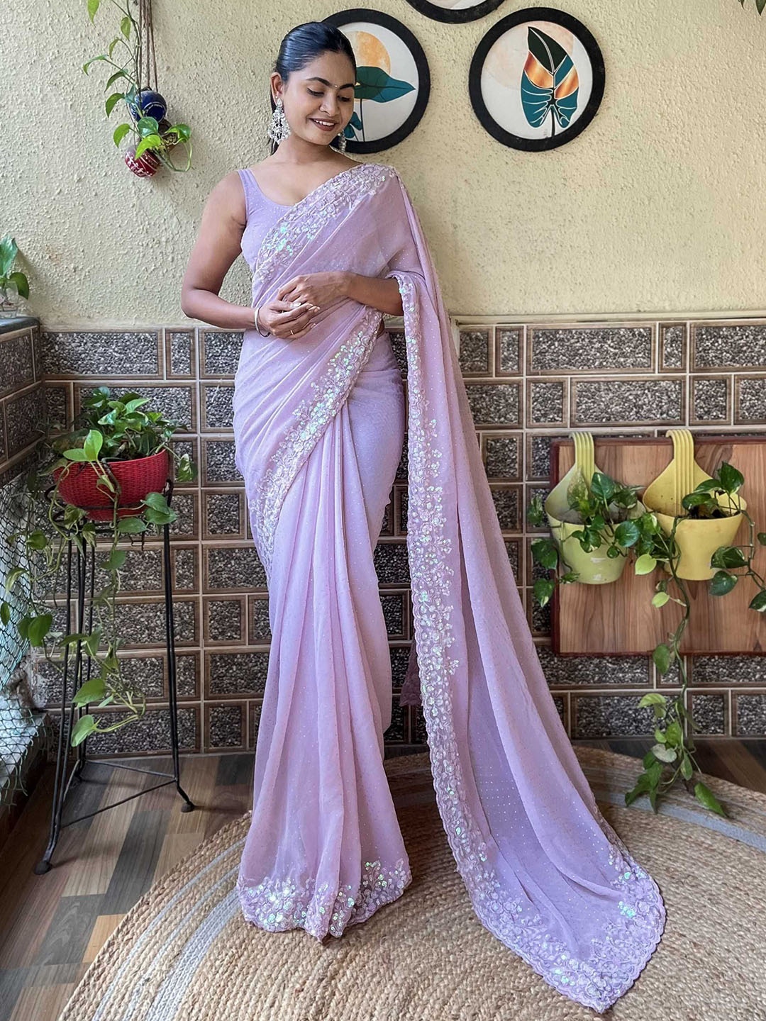 

Mitera Floral Sequinned Saree, Lavender